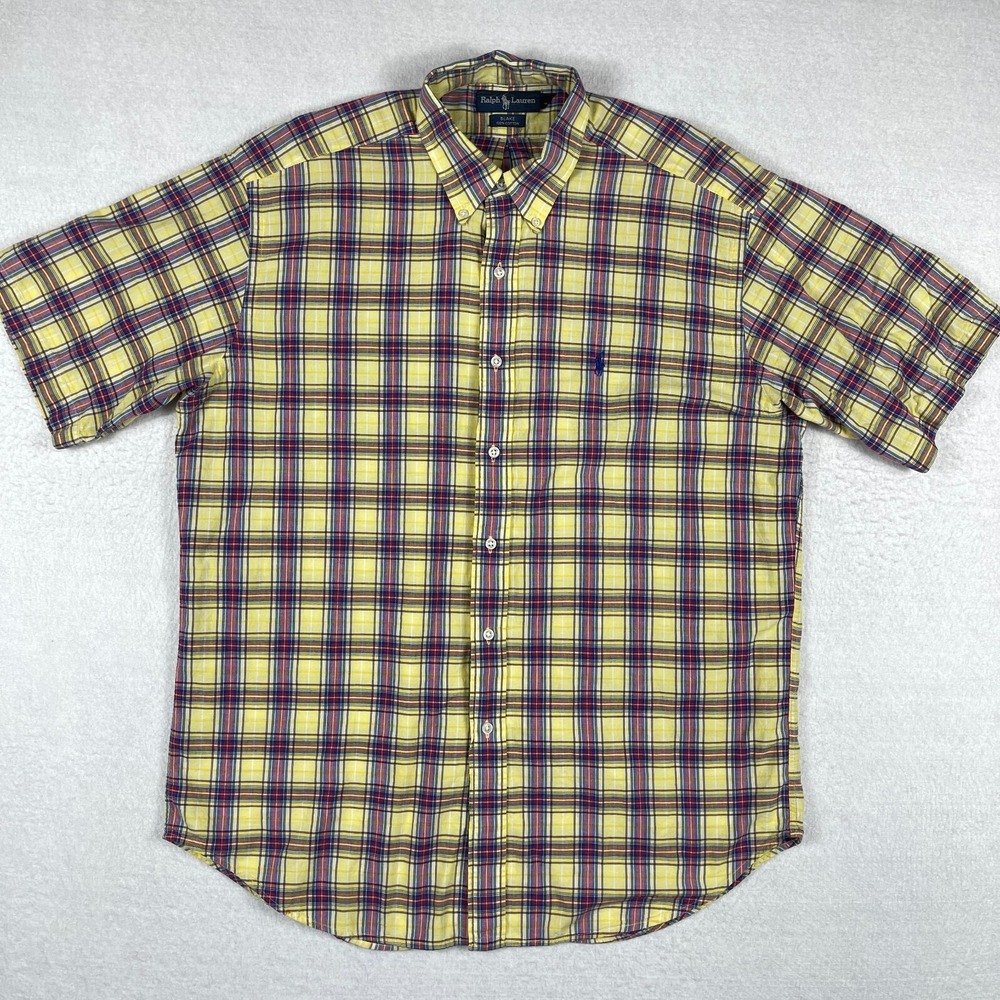 Ralph Lauren Blake Button Down Shirt Mens Large Yellow Plaid Short Sleeve Preppy